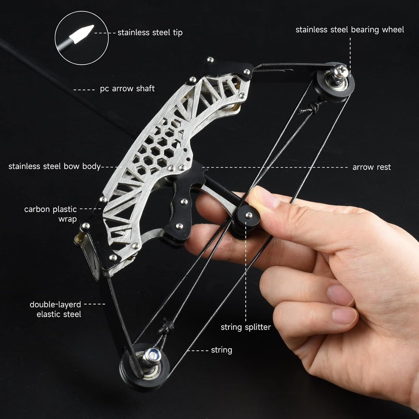 Mini bow and arrow set, composite bow, stainless steel material, catapult bow, archery, outdoor shooting game gift