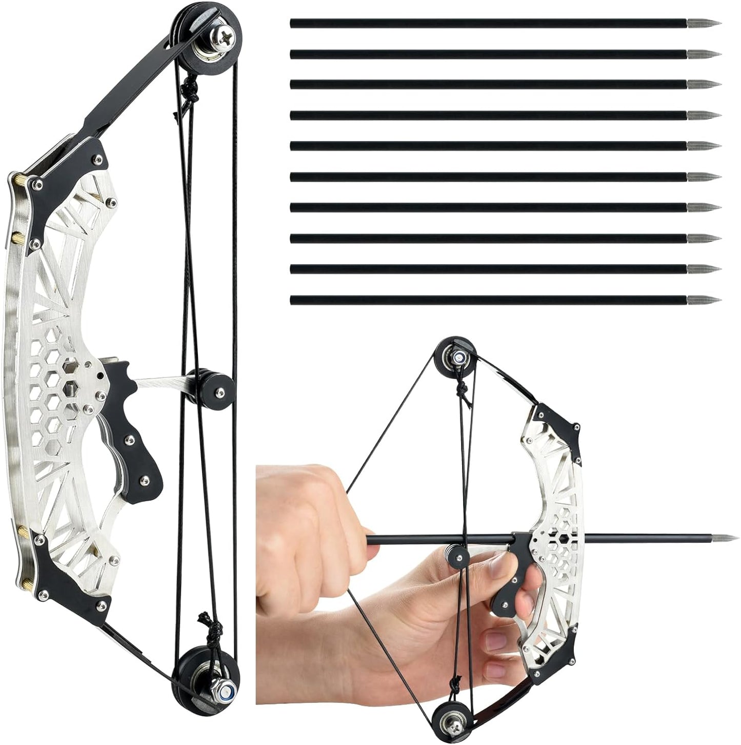 Mini bow and arrow set, composite bow, stainless steel material, catapult bow, archery, outdoor shooting game gift